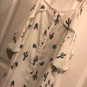 Cactus print open shoulder shirt